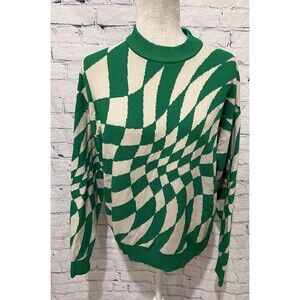 Edikted Womens Long Sleeve Over Sized Sweater Green Ivory Geometric XS/S